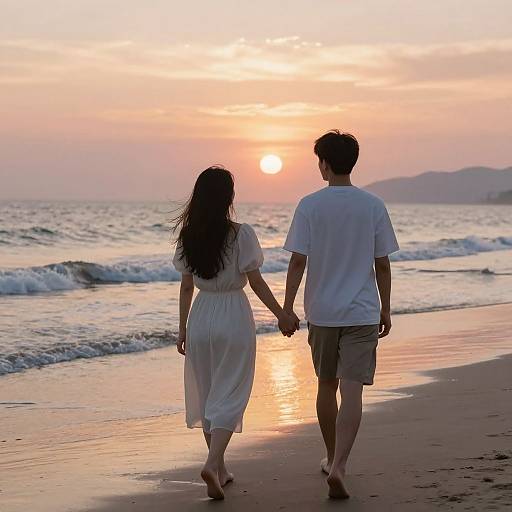 Photograph of a couple holding hands, walking barefoot on a beach at sunset, wearing white attire, with ocean waves and a colorful sky in the