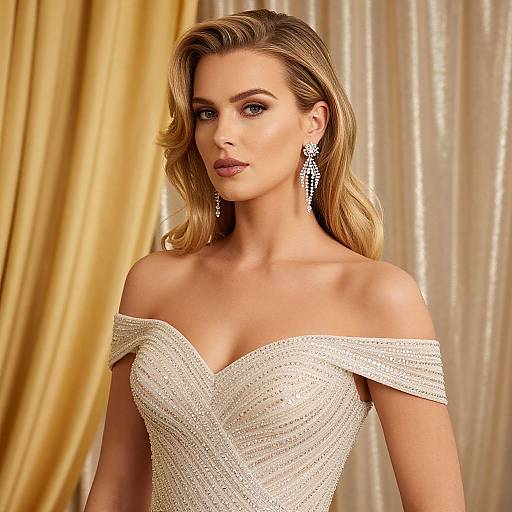 Photograph of a blonde woman with wavy hair, wearing an off-shoulder, glittery white gown and diamond earrings, against golden curtains.