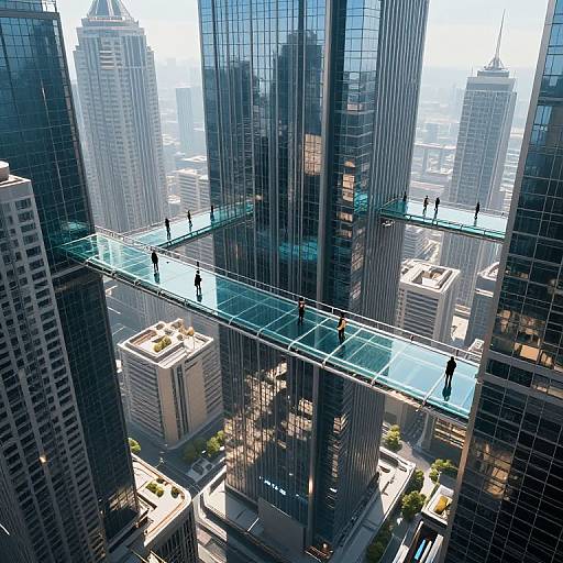Photograph of a modern urban scene featuring towering glass skyscrapers with reflective blue-green walkways, small silhouetted figures walking, and bright