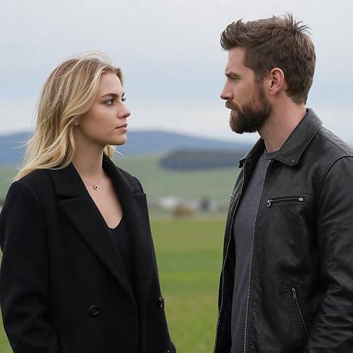Photograph of a blonde woman in a black coat facing a bearded man in a black leather jacket, standing in a green field with blurred hills in