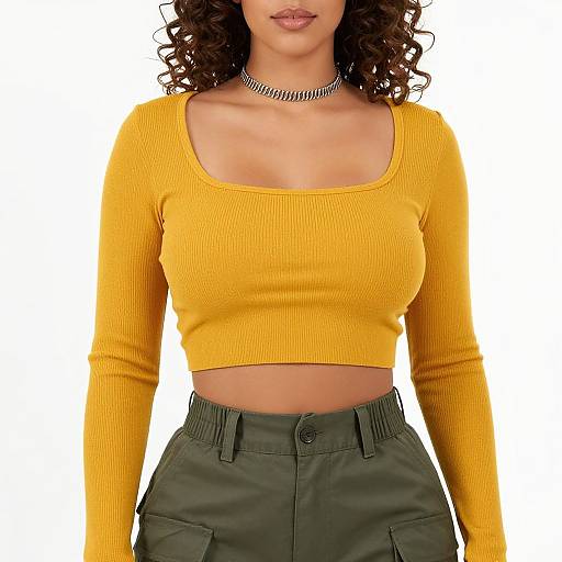 Photograph of a woman with curly brown hair, wearing a ribbed, yellow crop top, green high-waisted pants, and a silver ch