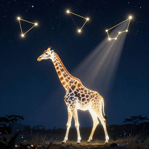 Glowing giraffe against a starry night sky with constellation lines, illuminated from below, standing on grassy terrain with silhouetted trees