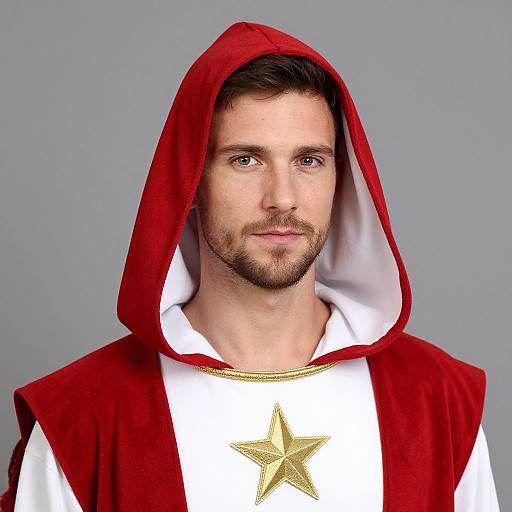 Photograph of a bearded man with fair skin and short brown hair, wearing a red hooded robe over a white garment with a gold star,