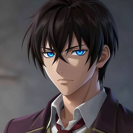 Digital anime-style portrait of a young man with black hair, striking blue eyes, and a serious expression, wearing a maroon jacket and white shirt.
