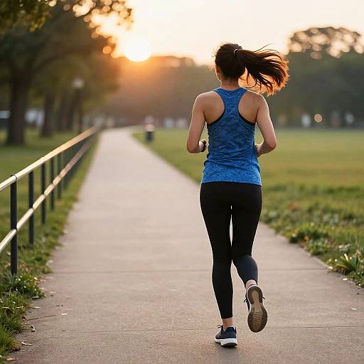 Photograph of a woman jogging on a sunlit park path, wearing a blue tank top and black leggings, with trees and grass on both sides.