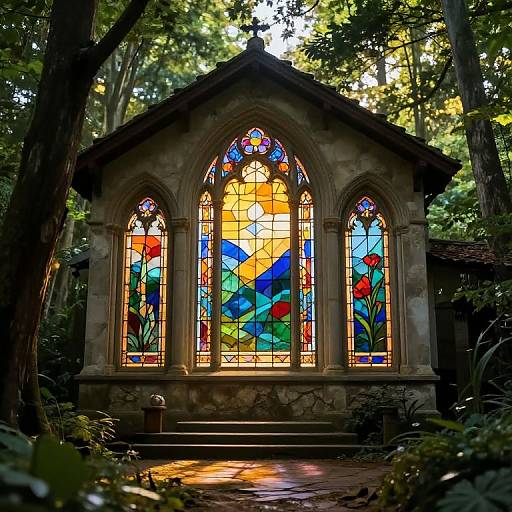 Photograph of a stone chapel with three arched stained glass windows, set in a sunlit forest, featuring vibrant red, blue, and yellow glass