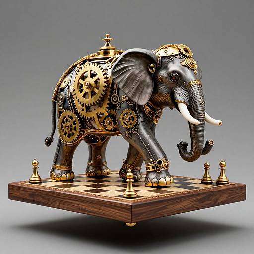 Photorealistic digital art of a mechanical elephant chess piece, adorned with gold gears and crowned, standing on a wooden chessboard.