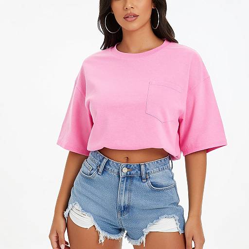 Photograph of a woman with medium brown skin, black hair, wearing a pink crop top, high-waisted blue denim shorts, and large hoop