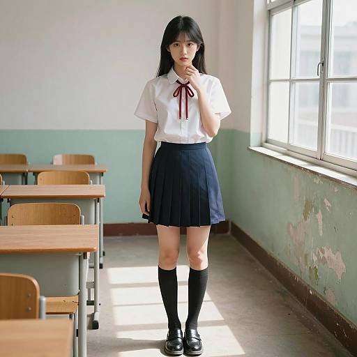 Asian Schoolgirl Standing in Sunlit Classroom