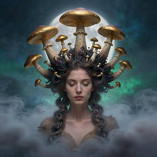 Digital art: Ethereal woman with flowing dark hair, closed eyes, wearing mushroom crown with golden caps, set against moonlit, misty, teal