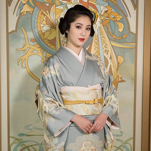 Photograph of an Asian woman in a light blue, floral-patterned kimono with a gold obi, standing before an ornate, decorative background