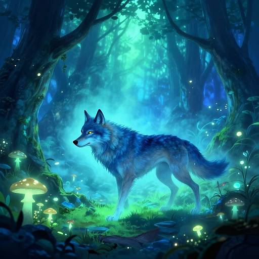 Digital fantasy artwork of a glowing blue wolf standing amidst a mystical forest with bioluminescent mushrooms, glowing fireflies, and ethereal blue light.