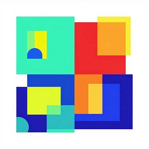 Abstract digital artwork featuring a colorful geometric pattern with squares in teal, yellow, red, blue, and orange, overlapping and interlocking.