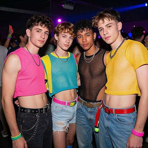 Photograph of four young men with diverse ethnicities, wearing colorful, cropped, mesh, and sleeveless tops, paired with jeans and belts, standing