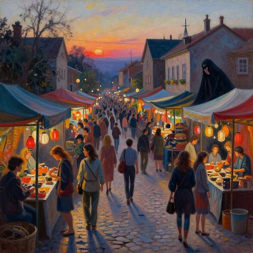 Surreal Twilight Street Market Scene