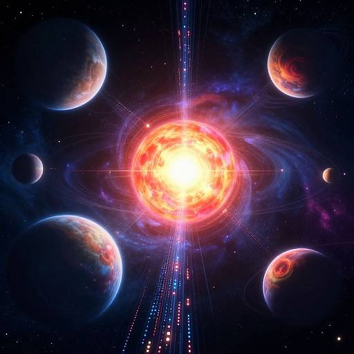 Digital artwork of a bright, fiery central sun surrounded by six planets, vibrant colors, and cosmic lines against a dark, starry backdrop.