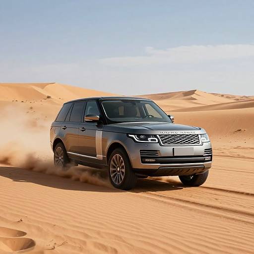 Photograph of a silver Land Rover Discovery driving through a sunlit, sandy desert, kicking up dust, with clear blue sky.
