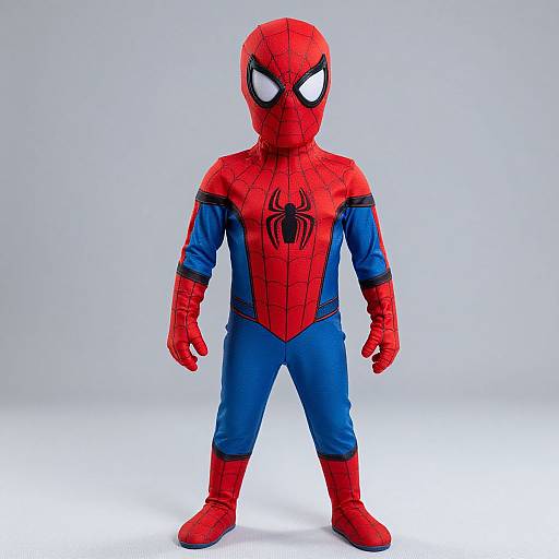 Photograph of a child-sized Spider-Man costume featuring red and blue colors, black spider emblem, white eyes, and red gloves and boots, standing against