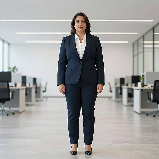 Photograph of a confident woman with medium-length dark hair, wearing a navy blue suit, white shirt, and black heels, standing in a bright,
