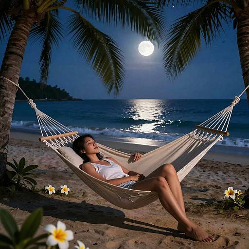 Photograph of a woman in a white tank top and shorts, relaxing in a hammock under a full moon, between palm trees, on a moon
