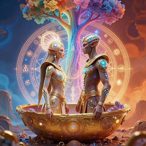 Digital art: Two glowing, alien-like figures in golden, ornate armor sit in a radiant, circular bowl, facing each other under a colorful,