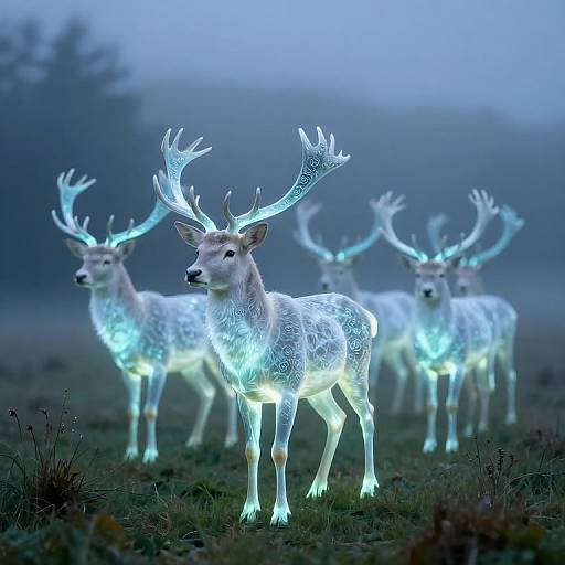 Photograph of four glowing white deer with illuminated antlers standing in a misty, blue-lit forest, creating a mystical, ethereal effect.