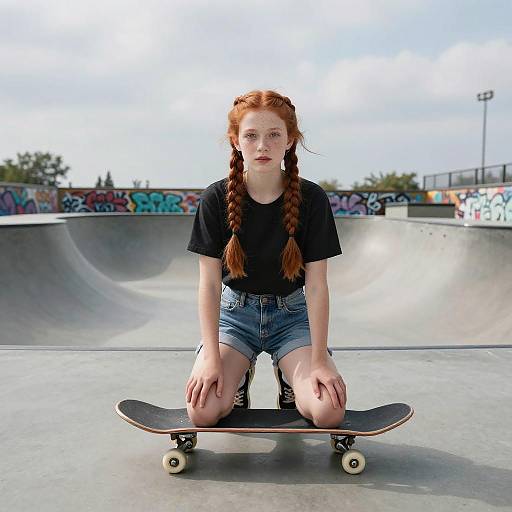 Photograph of a red-haired girl with braids, wearing a black t-shirt and denim shorts, kneeling on a skateboard in a graffiti-covered skate park