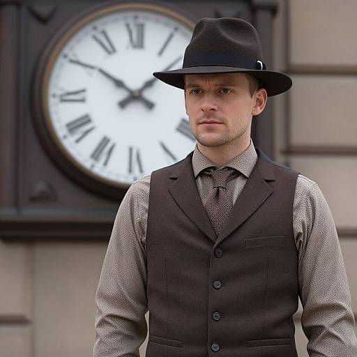 Photograph of a serious, fair-skinned man with brown hair, wearing a black vest, gray shirt, and black bowler hat, standing in