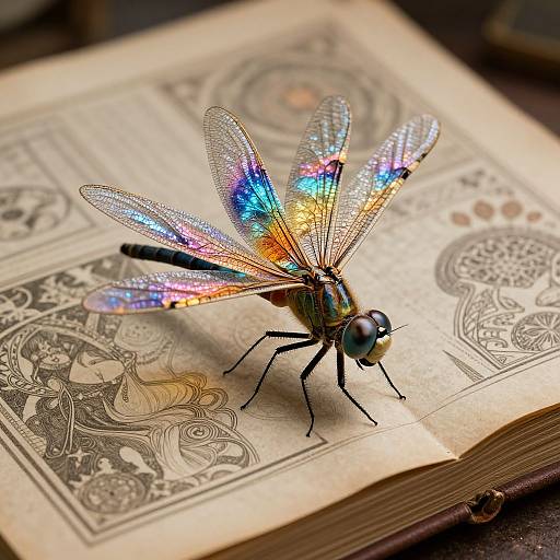 Photograph of a vibrant, iridescent dragonfly with multicolored wings resting on an antique, intricately detailed, open book.