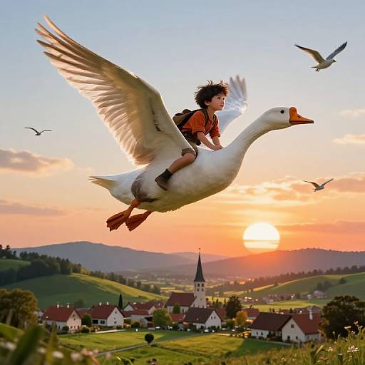 Photograph of a young boy with curly hair, wearing an orange shirt and brown backpack, riding a white goose with outstretched wings, soaring over