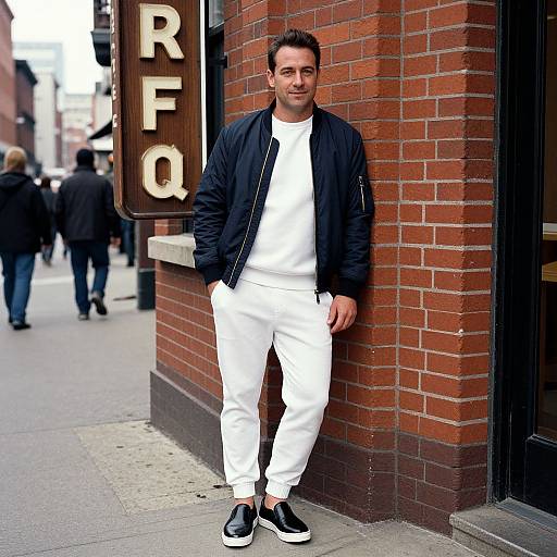 Photograph of a young man with short dark hair, wearing a black jacket, white shirt, white pants, and black and white sneakers, leaning against