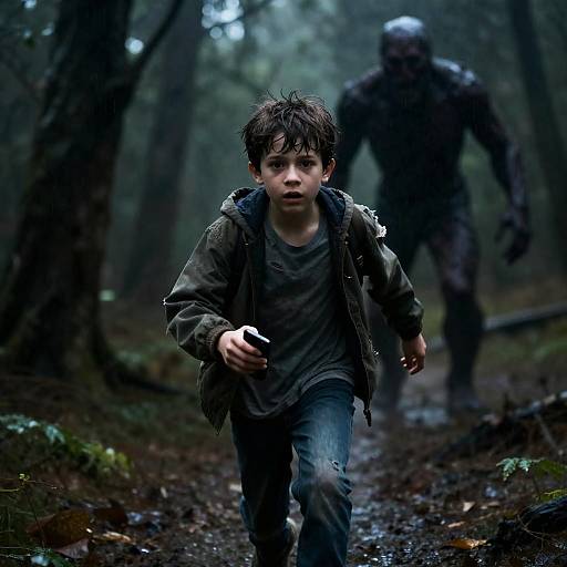 Photograph: Scared young boy with messy black hair, wearing a green jacket and gray shirt, runs down a forest path while a shadowy,