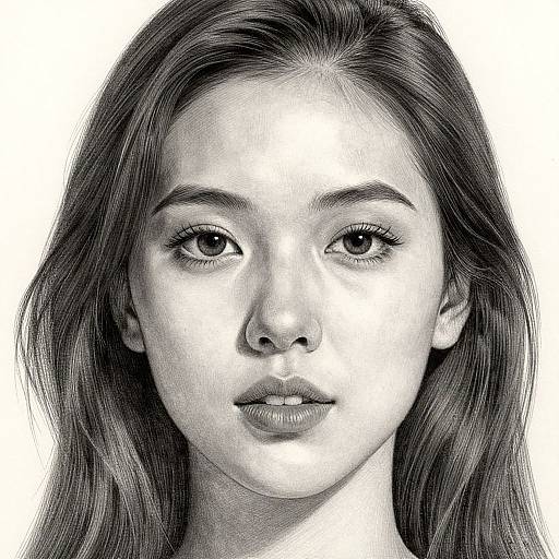 Black-and-white, highly detailed, digital pencil drawing of a young woman with long, wavy hair, large expressive eyes, and neutral expression.