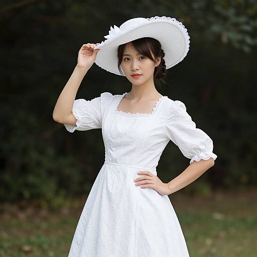 Asian woman in white dress and wide-brimmed hat, standing in grassy field, holding hat, dark green background, photograph.