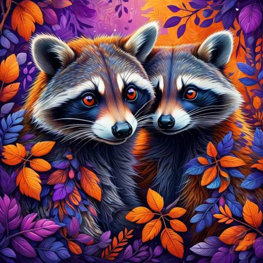 Vibrant Raccoons in Colorful Foliage