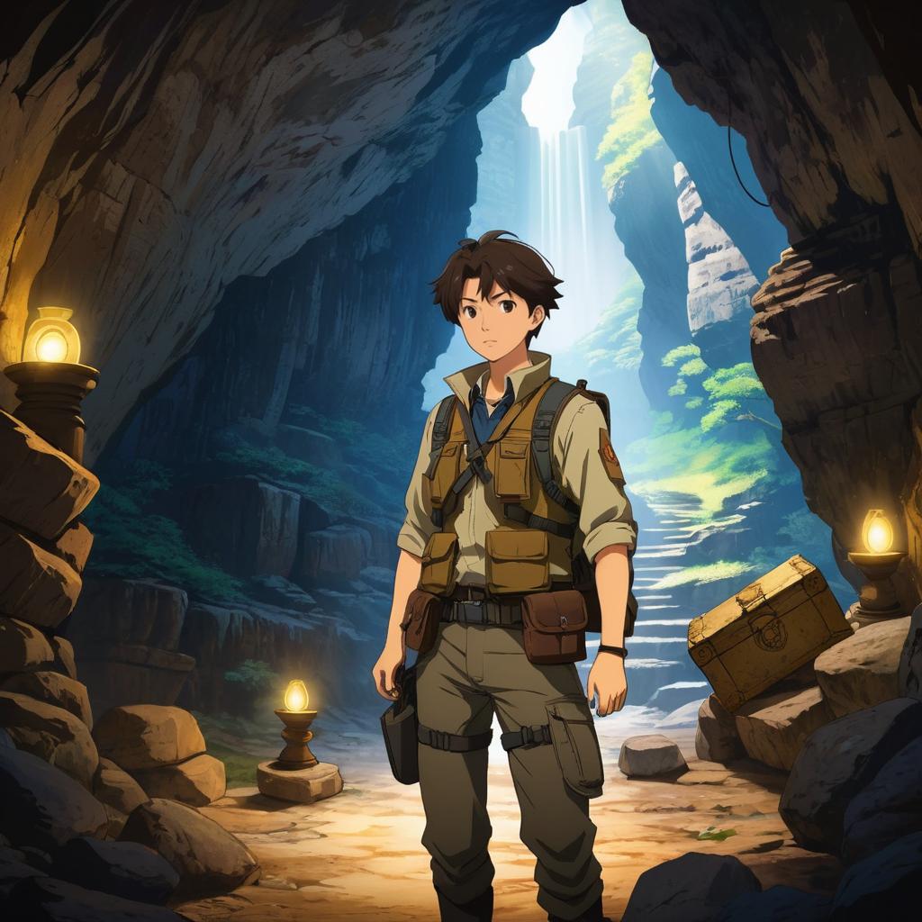 Explorer in Cave with Ancient Artifacts