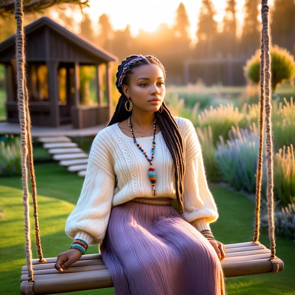 Cozy Twilight Garden with Thoughtful Woman