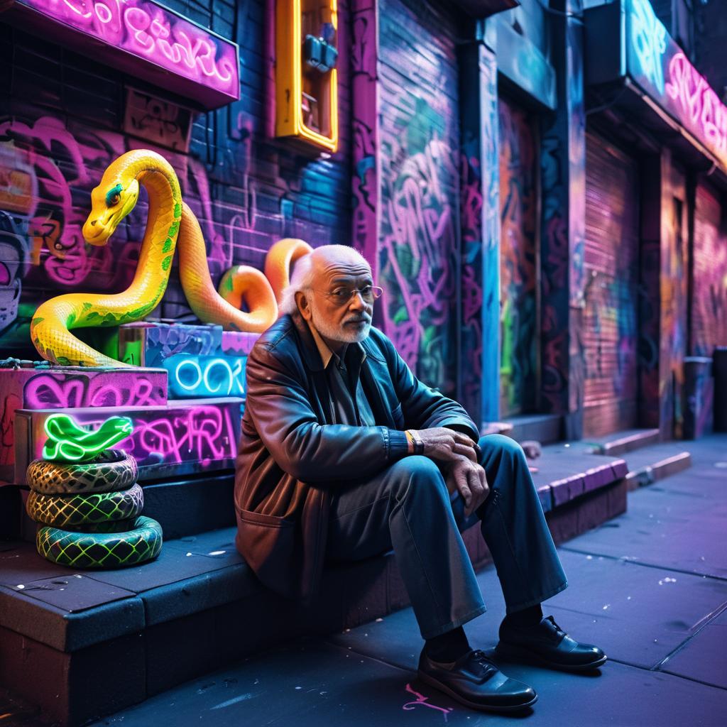 Elderly Man with Snake in 1980s NYC