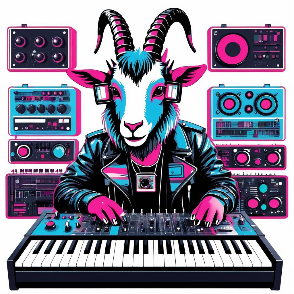 Cyborg Goat in Retro Synthpunk Style