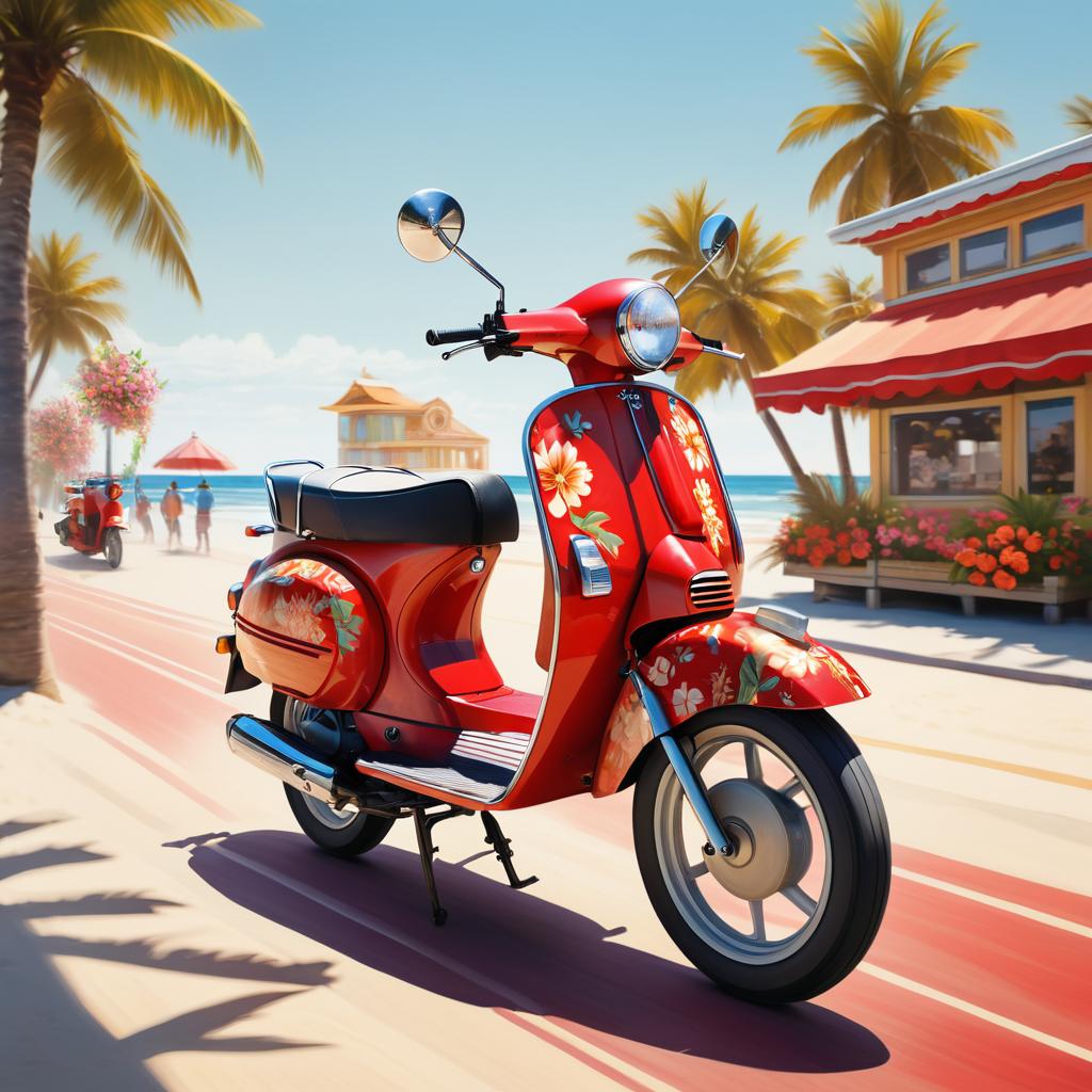 Fiery Red Moped on Beach Boardwalk