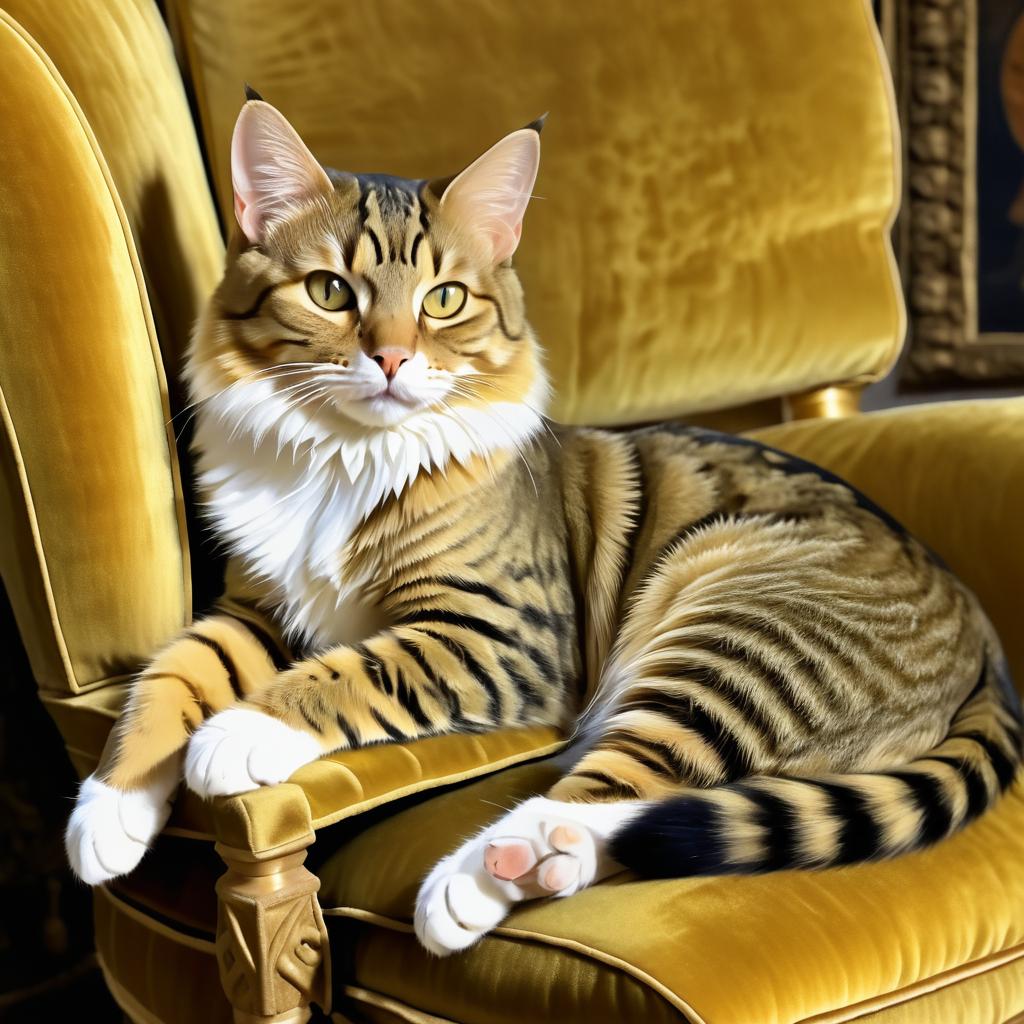 Mannerist Tabby Cat on Velvet Chair