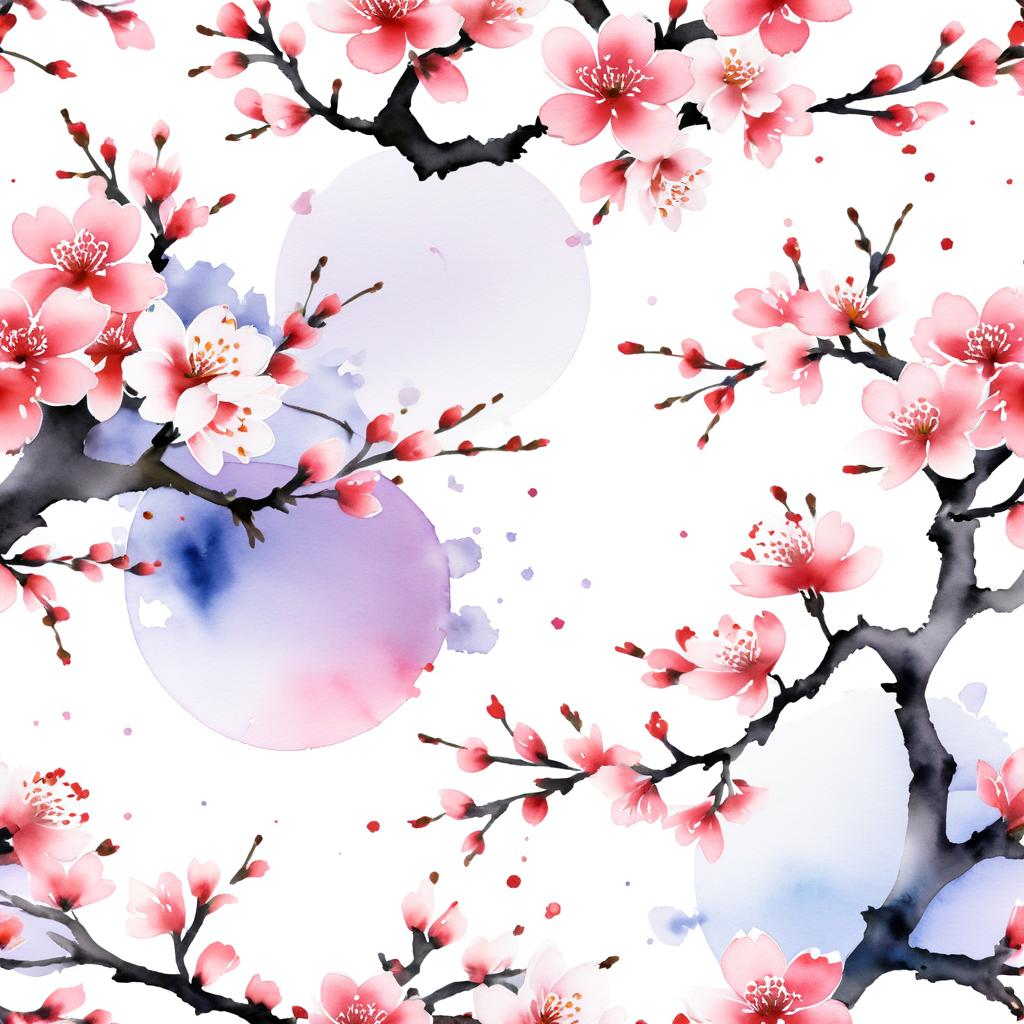 Traditional Japanese Watercolor Sakura Blossoms