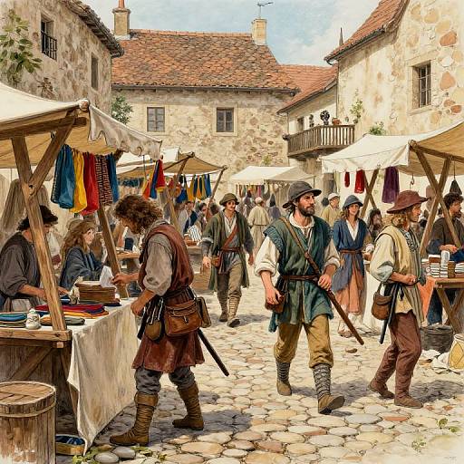 Medieval market scene: Colorful cloth stalls, cobblestone street, villagers in period clothing, hats, and aprons, under sunny skies,