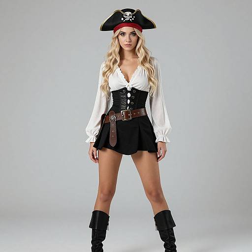 Photograph of a blonde woman in a pirate costume: white blouse, black mini skirt, black boots, corset, pirate hat with skull and cross
