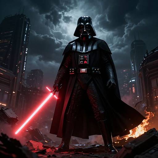 CGI image of Darth Vader standing in a ruined, dark cityscape with a stormy sky, holding a glowing red lightsaber, surrounded by flames