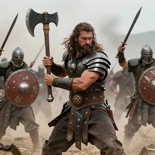 Photograph of a muscular, bearded warrior with long hair, wielding an axe, wearing medieval armor, and surrounded by helmeted soldiers with shields in