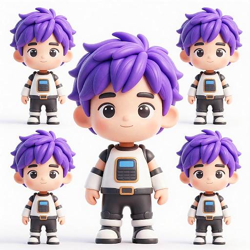 Digital illustration of six chibi-style, purple-haired boy dolls with black-and-white outfits and blue digital screens, standing against a white background.