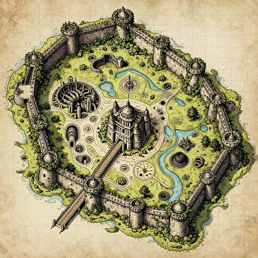 Detailed, medieval-style, overhead illustration of a fortified castle with lush greenery, winding blue rivers, towers, and various buildings within its walls.