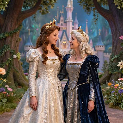 Photograph-style digital illustration of two princesses with golden crowns, one in a white gown and the other in a black and silver dress, smiling