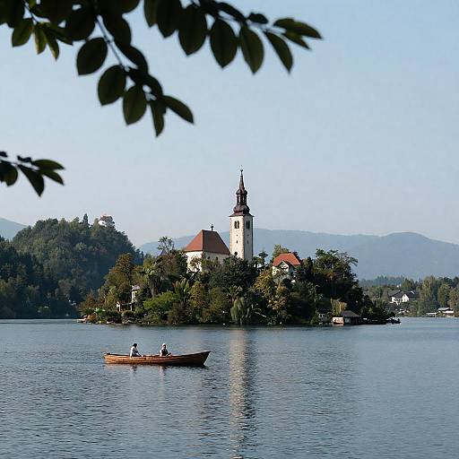 Serene Lake Island Church with Rowboat